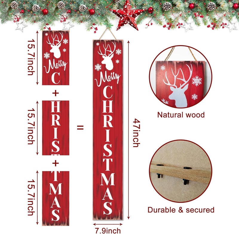 PEROUU Merry Christmas Welcome Sign for Front Porch Standing, Snowflake Elk Wooden Porch Sign for Xmas Front Door Decorations, Rustic Farmhouse Red Hanging Signs Wall Sign for Christmas Decor 47.2"H - Image 2
